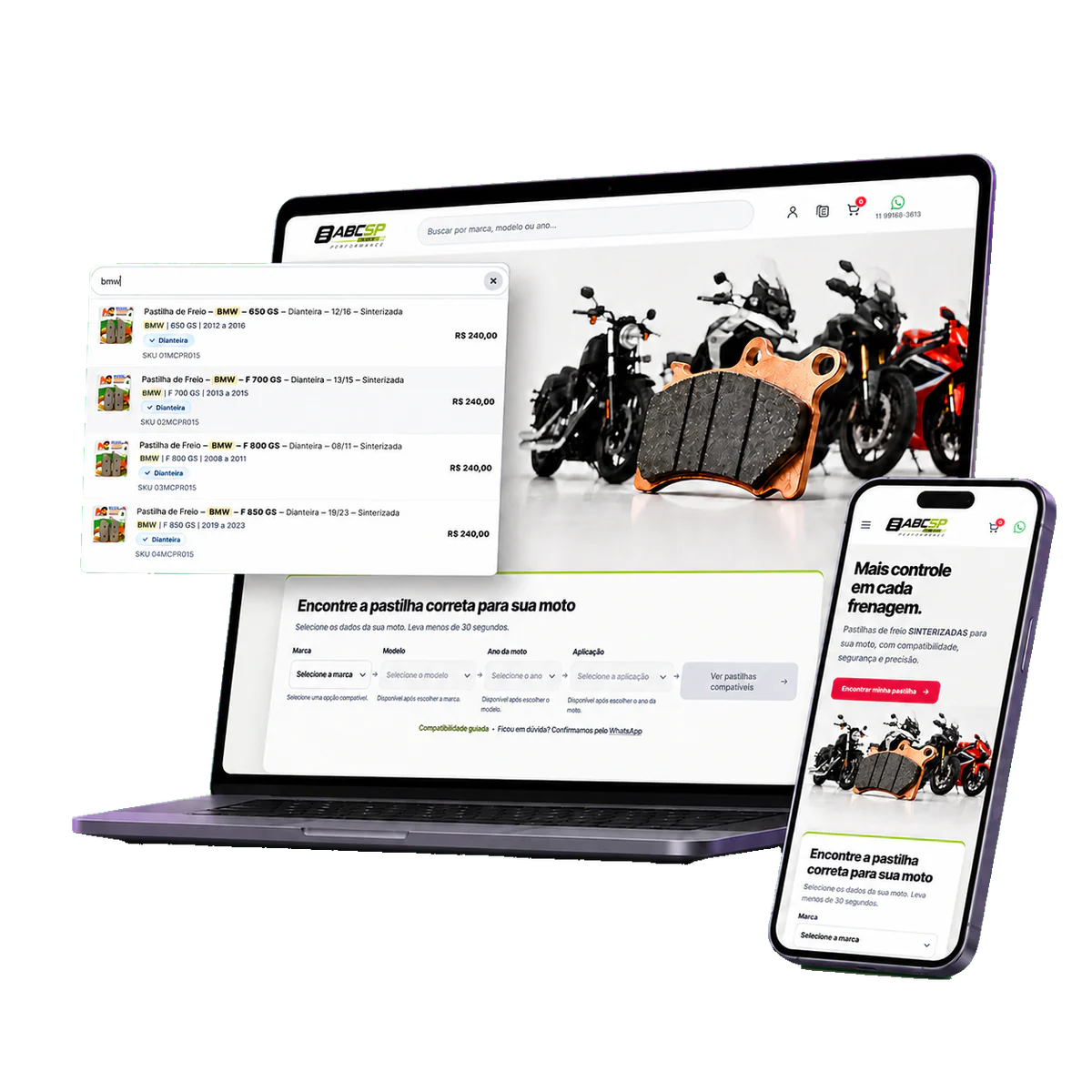 E-commerce ABCSP exibido em notebook e smartphone, com busca e filtro de produtos.